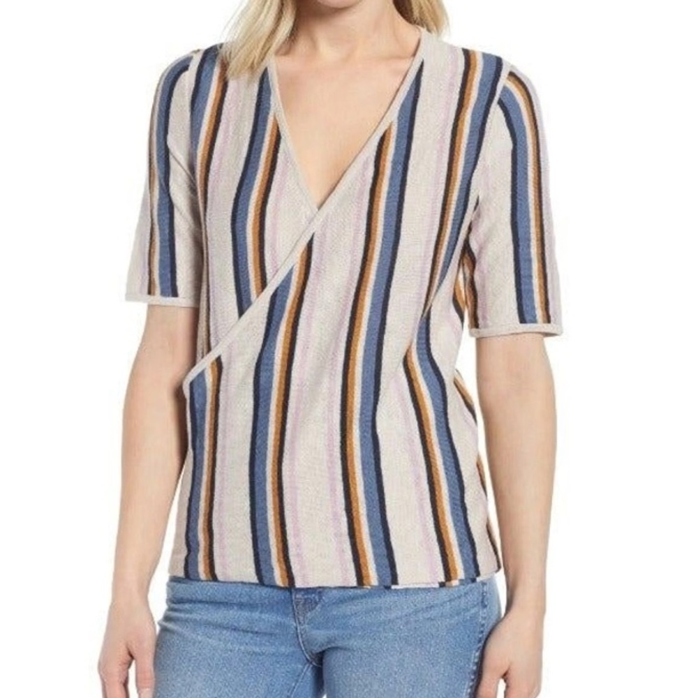 Caslon Multicolor Striped V-Neck Faux Wrap Sweater in